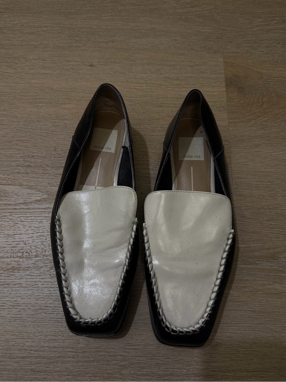 Dolce Vita Black and Cream Braided-Trim Leather Loafers